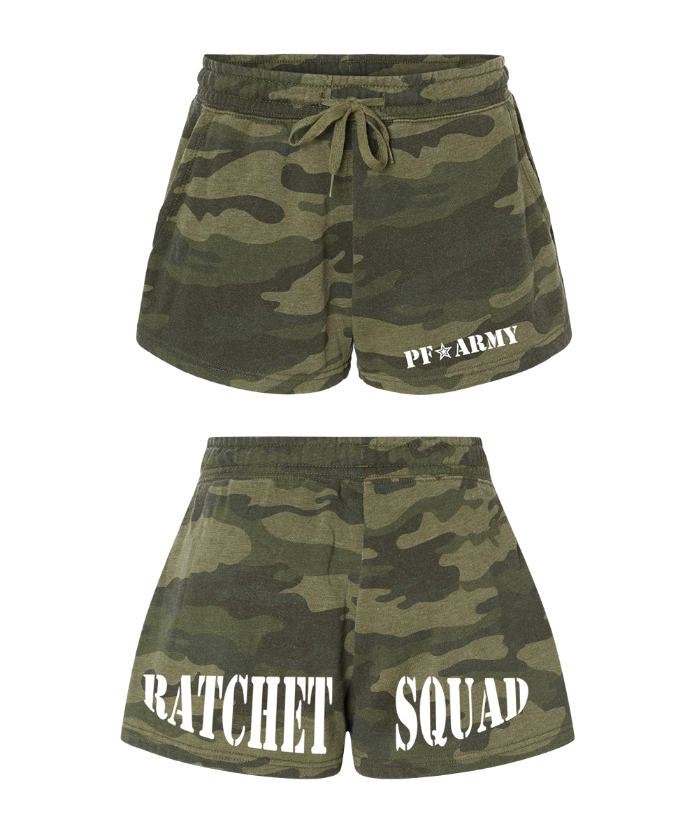 PeelingFlesh Womens Ratchet Squad Camo Shorts *PREORDER SHIPS 8/20